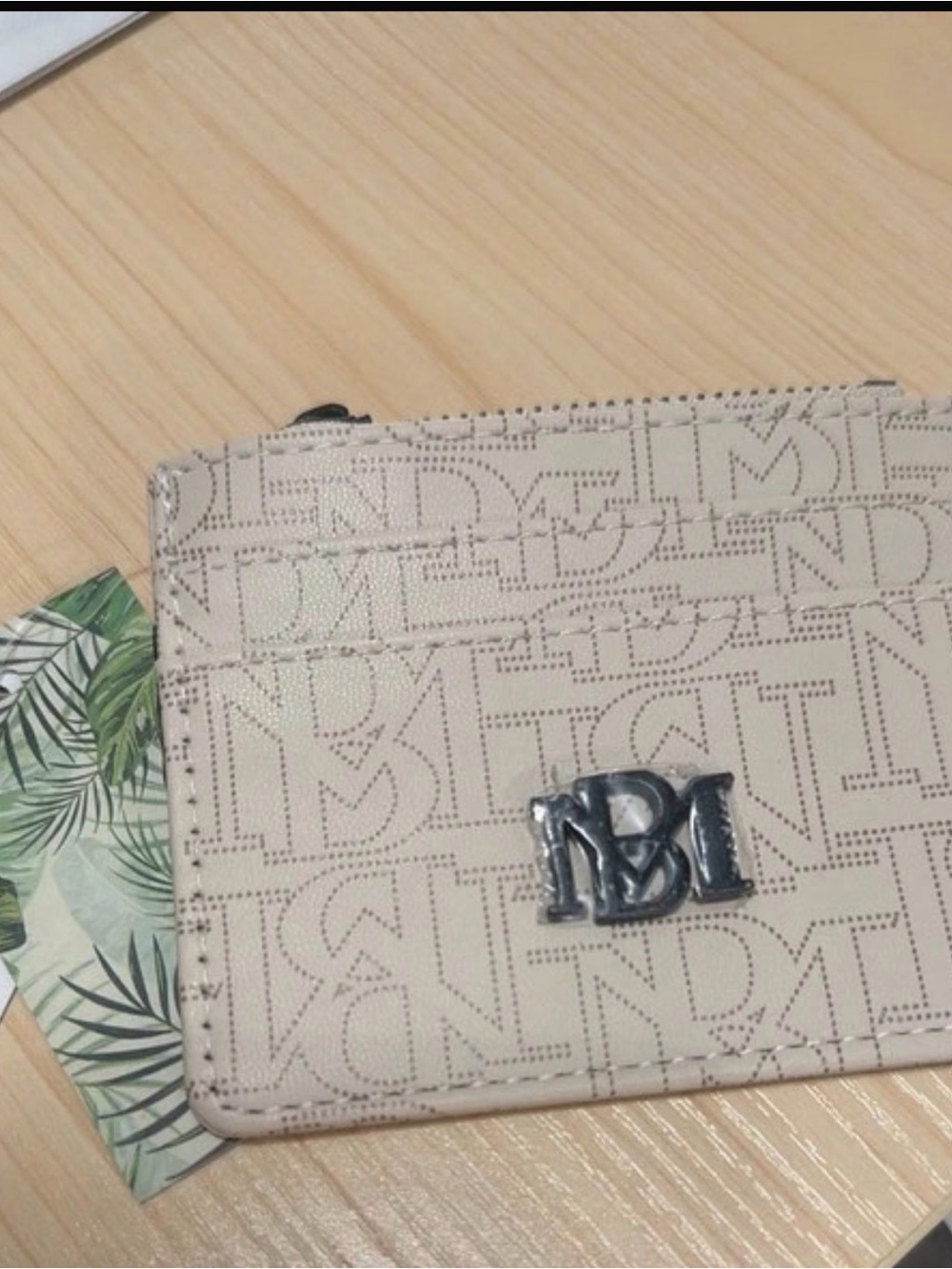 Badgley Mischka Cream Logo-Print Card & Key Holder with Silver BM Emblem
